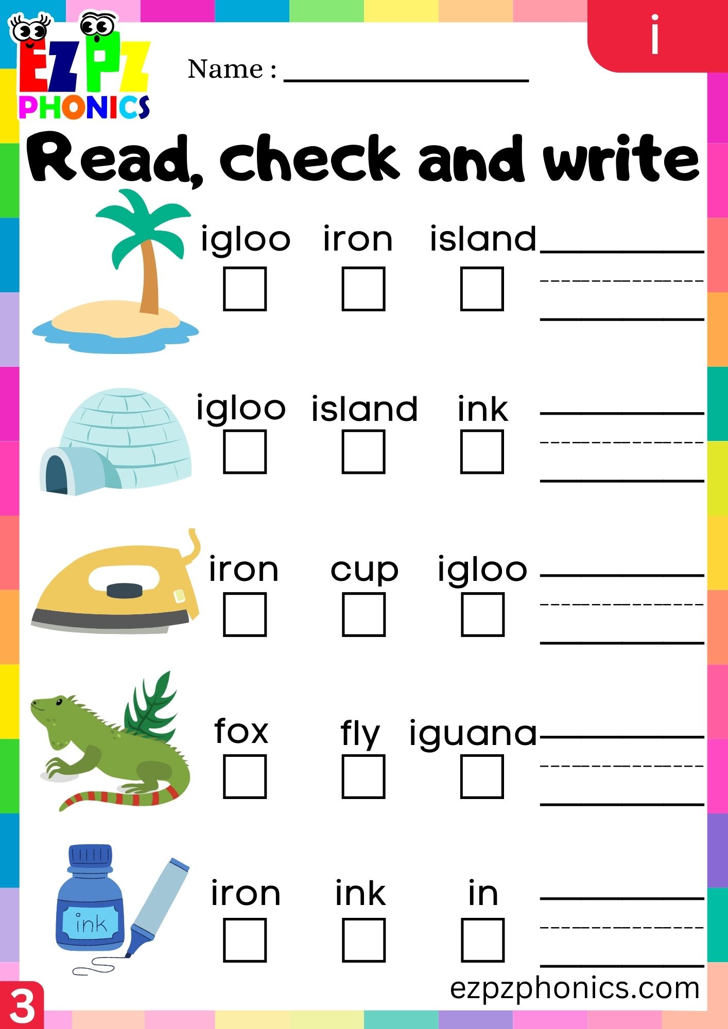 Letter i Read Check and Write the Words Phonics Activity Group 3